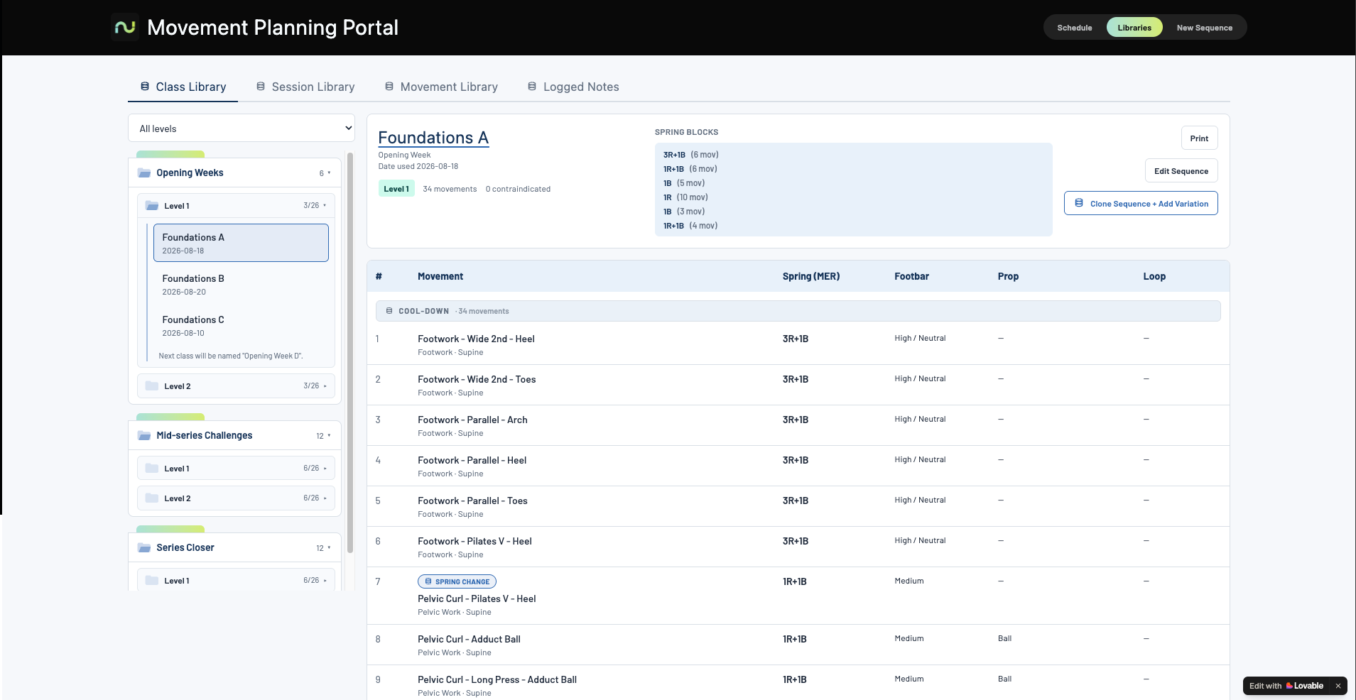 Movement Planning Portal version 1 concept: Class Library view with folders, sequence details and movement table