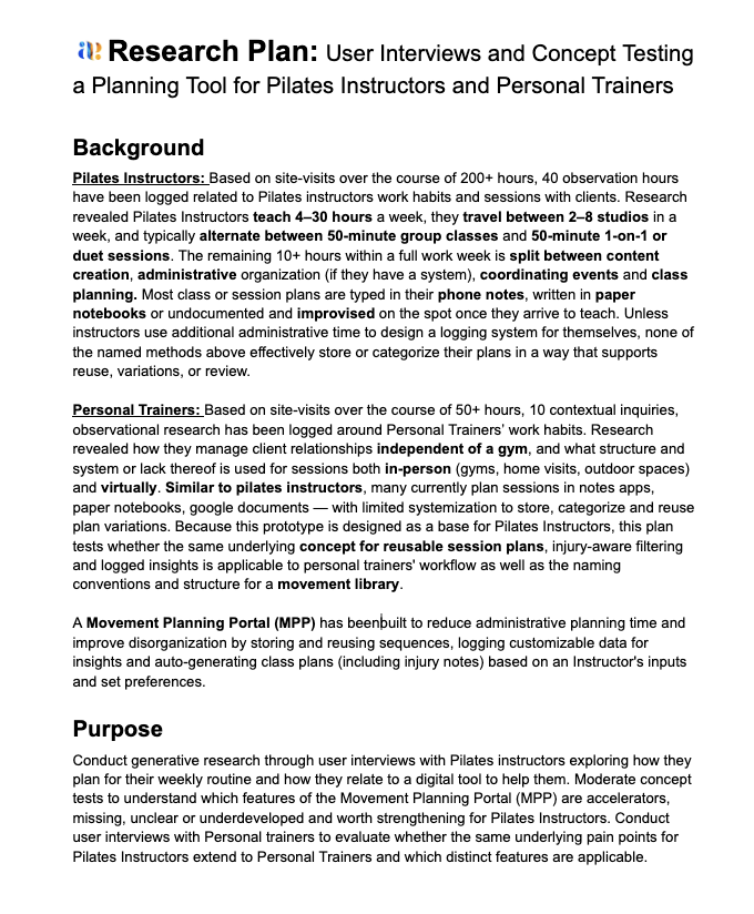 Research plan background: Pilates instructor and personal trainer observations