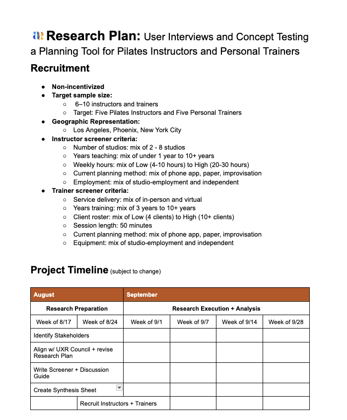 Research plan recruitment criteria and project timeline