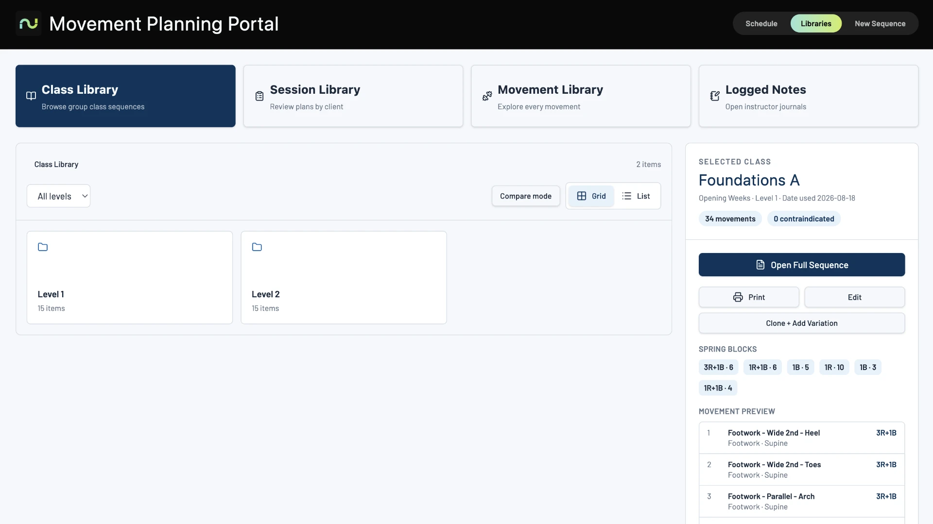 Movement Planning Portal version 2 concept: library cards with a selected class panel and movement preview