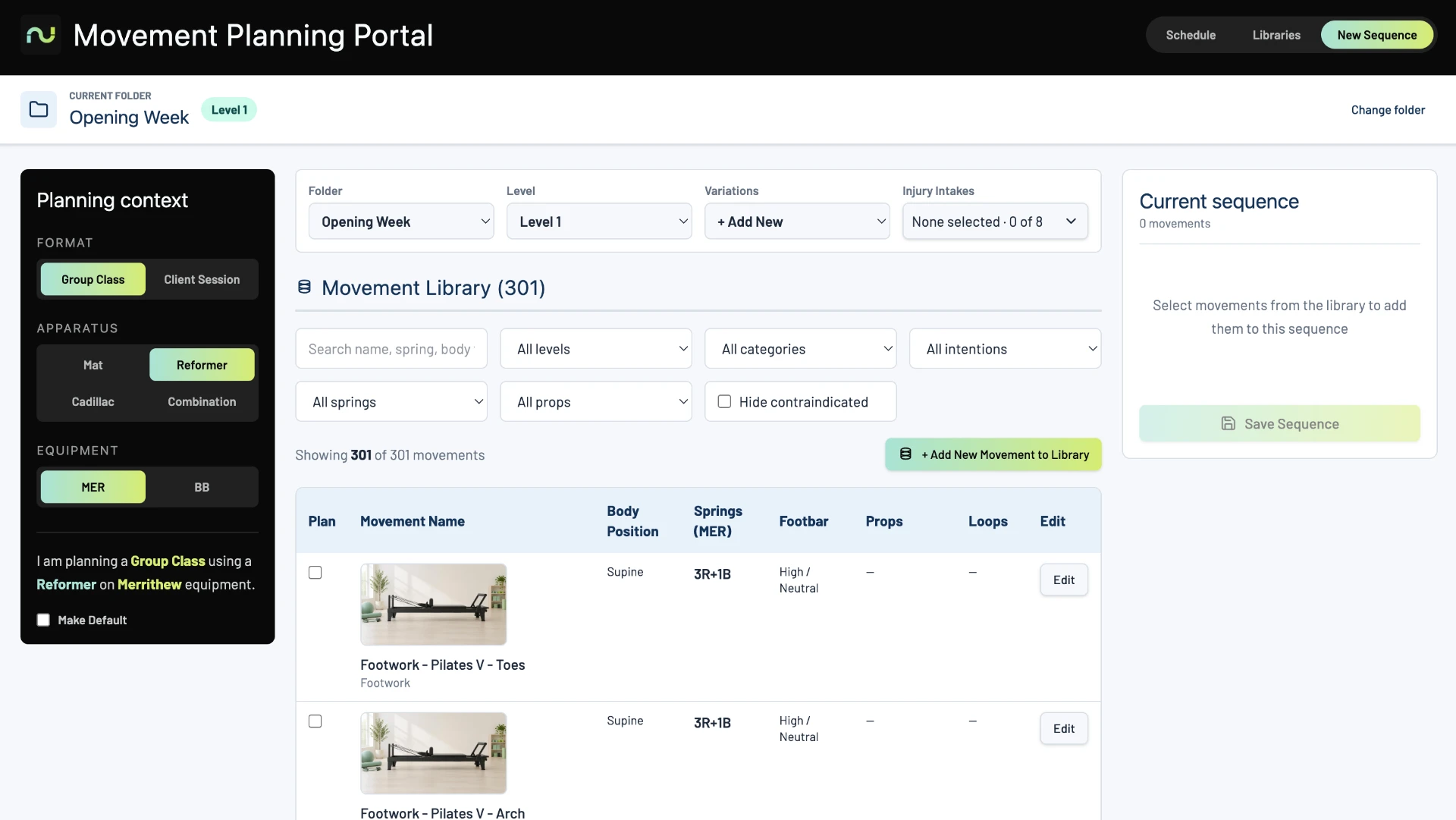 Movement library after: planning context in a left sidebar and movement thumbnails alongside names