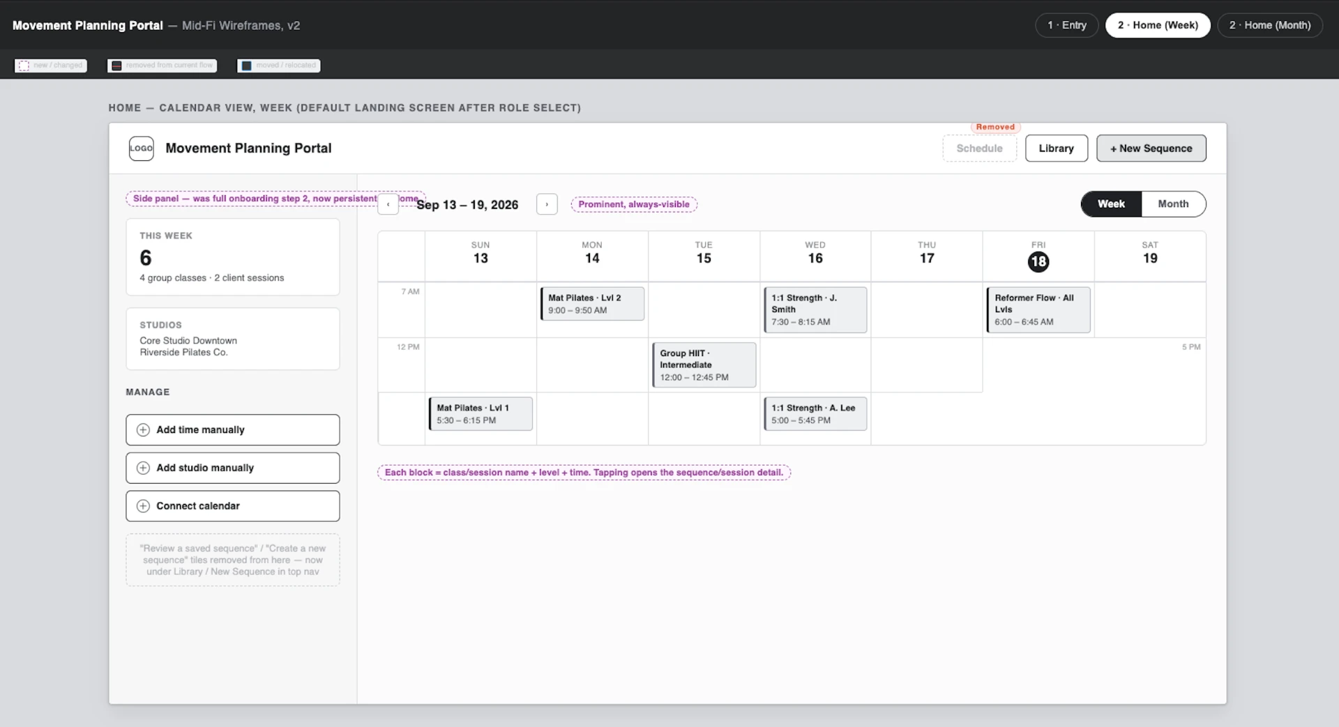 Movement Planning Portal version 2 mid-fi wireframes: home calendar week view