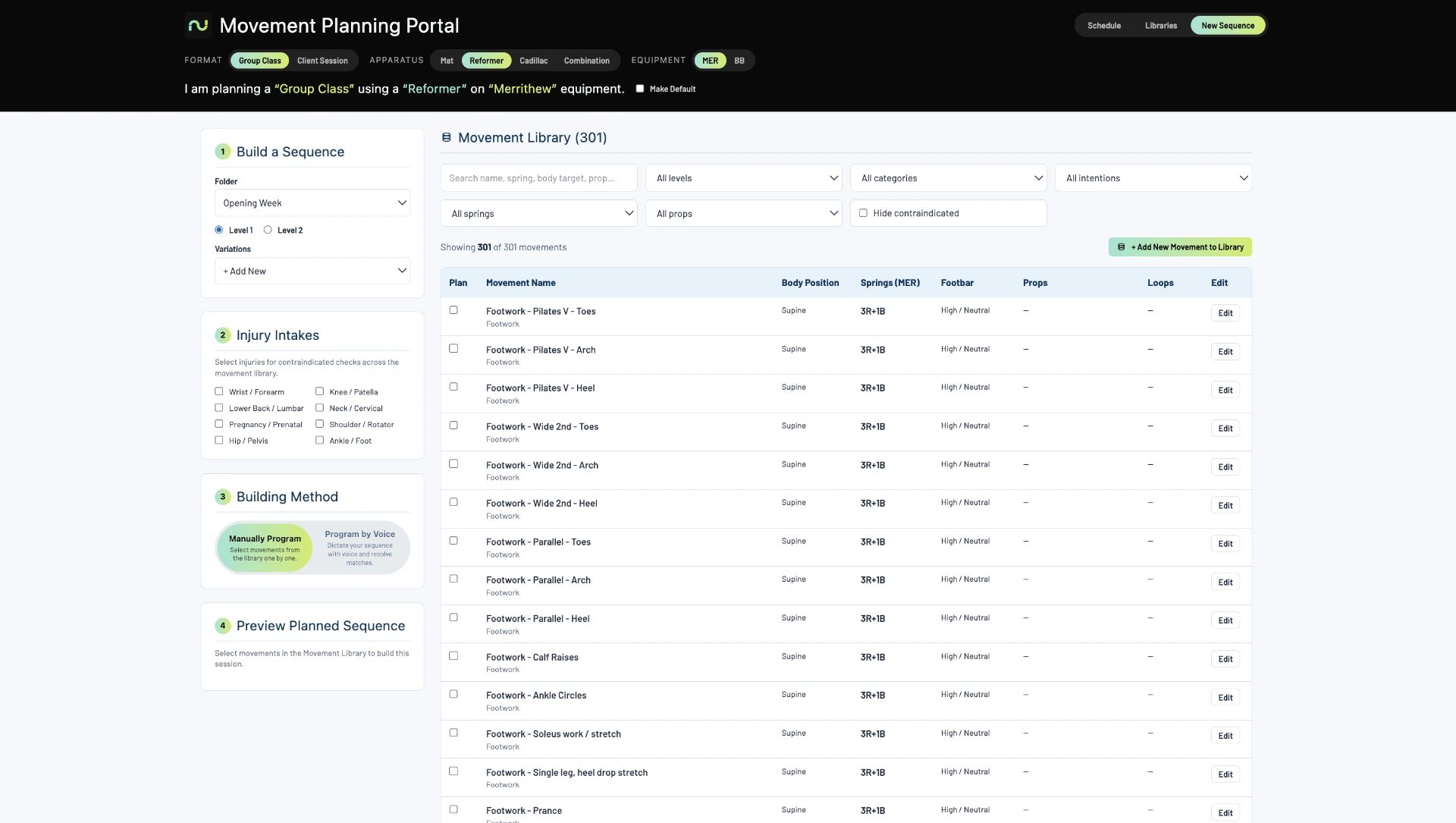Movement library before: planning selections in the top bar and movement names without thumbnails