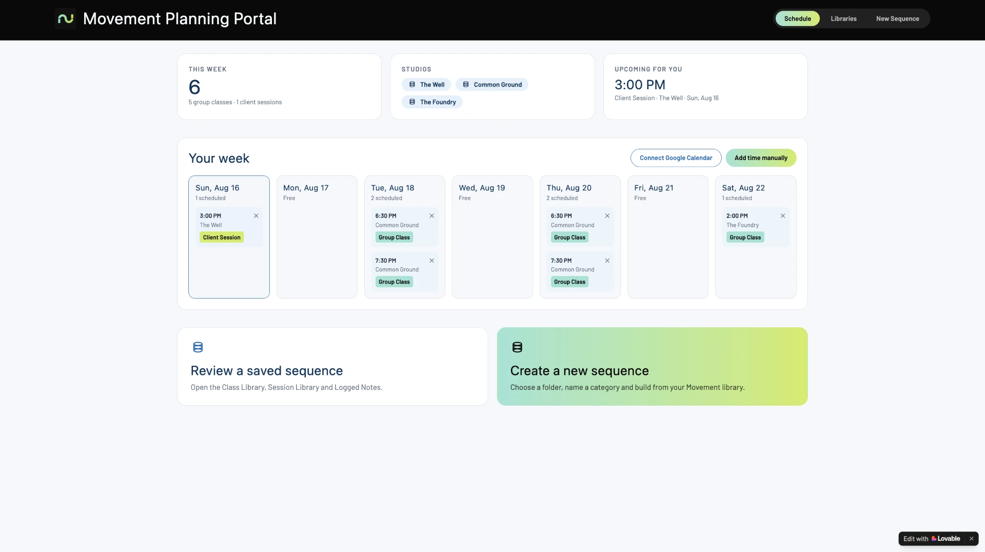 Movement Planning Portal version 1 home: Your week with day tiles plus Review a saved sequence and Create a new sequence